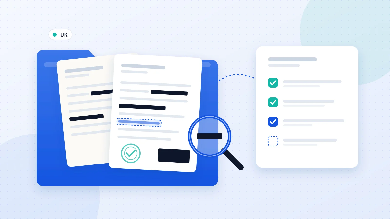 Illustration of an open blue case folder holding two pages with lines covered by black redaction bars and a ticked stamp, next to a magnifying glass and a checklist with turquoise ticks