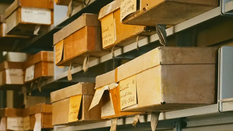 Archivregale mit beschrifteten Kartons