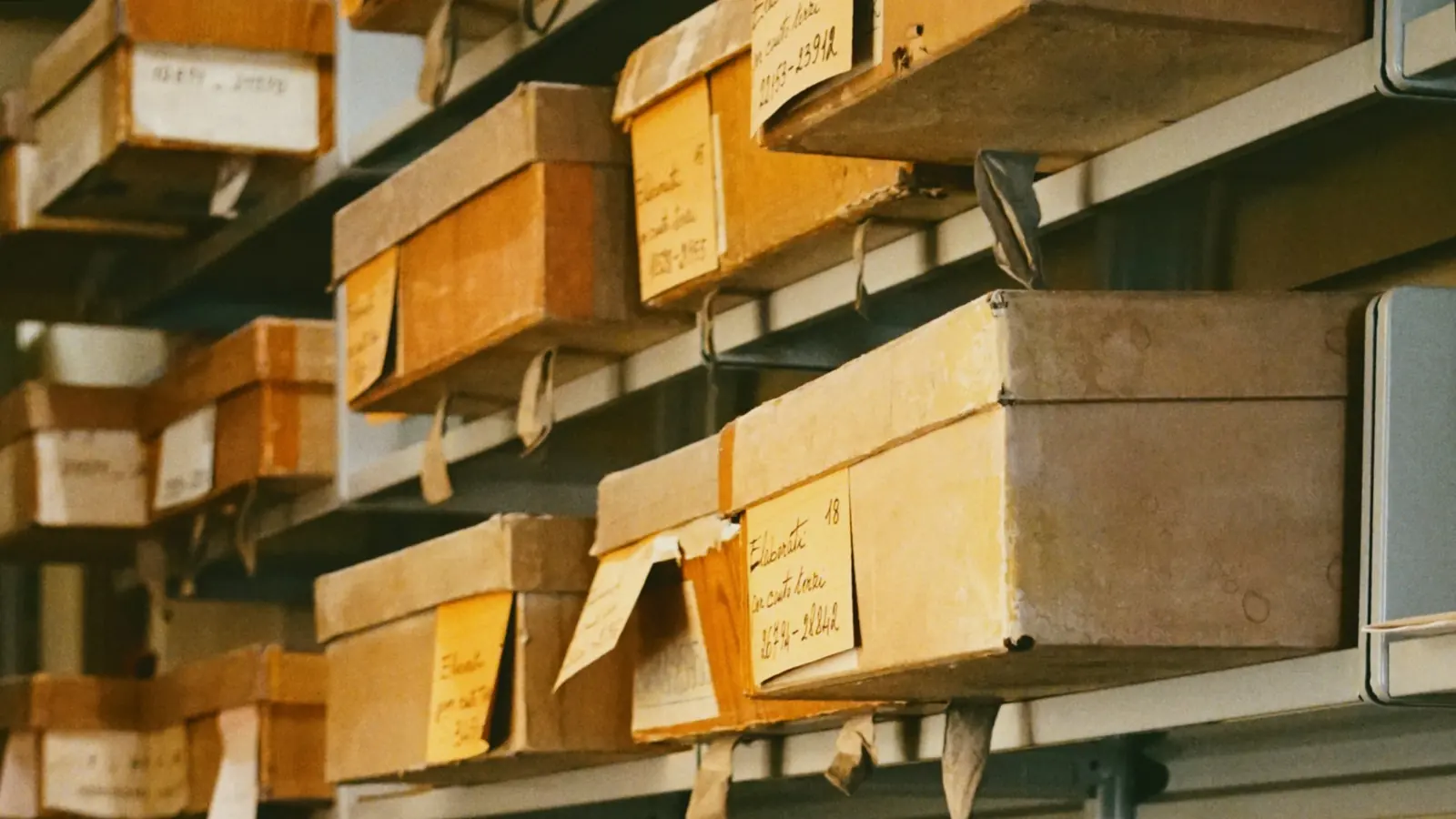 Scaffali d’archivio con scatole di cartone etichettate