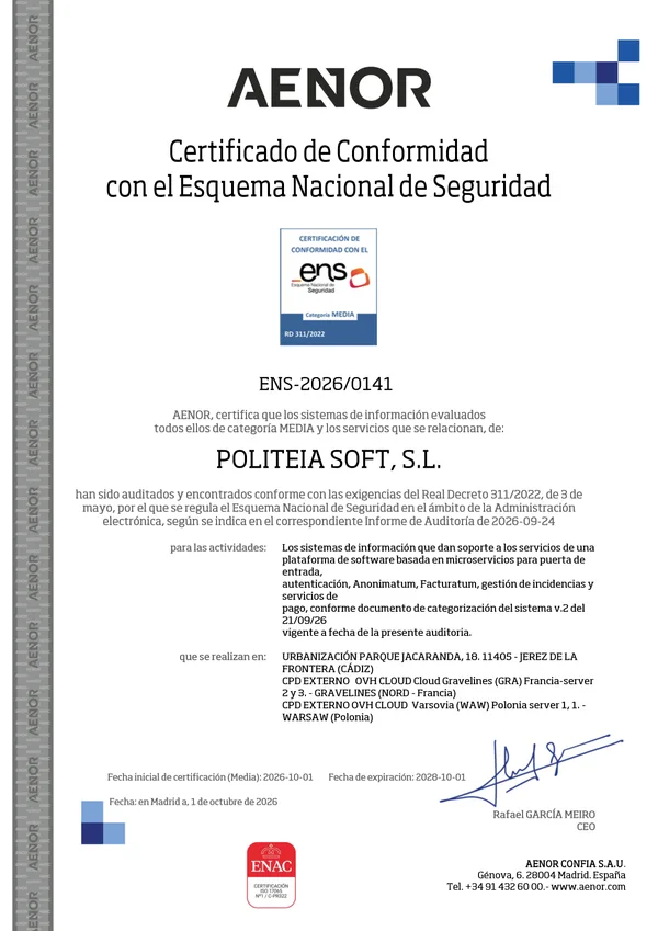 Première page du certificat ENS-2026/0141 délivré par AENOR CONFIA à Politeia Soft