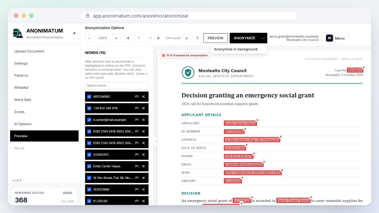 Menu «Anonimizar em segundo plano» aberto junto ao botão Anonimizar, com uma decisão em pré-visualização.