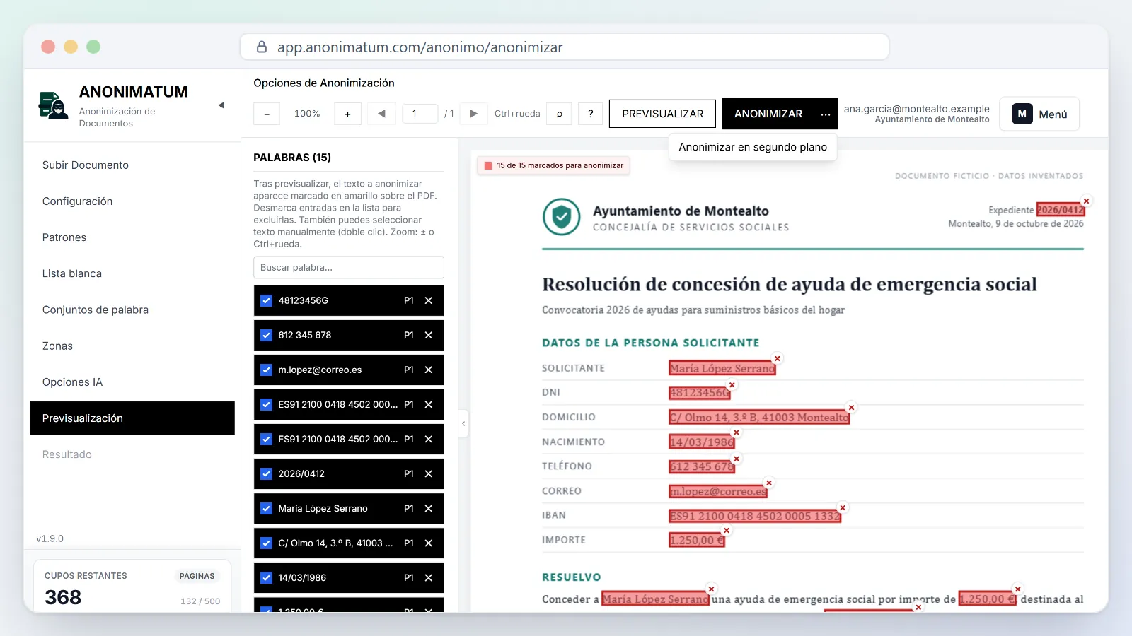 Menú «Anonimizar en segundo plano» abierto junto al botón Anonimizar, con la vista previa de una resolución.