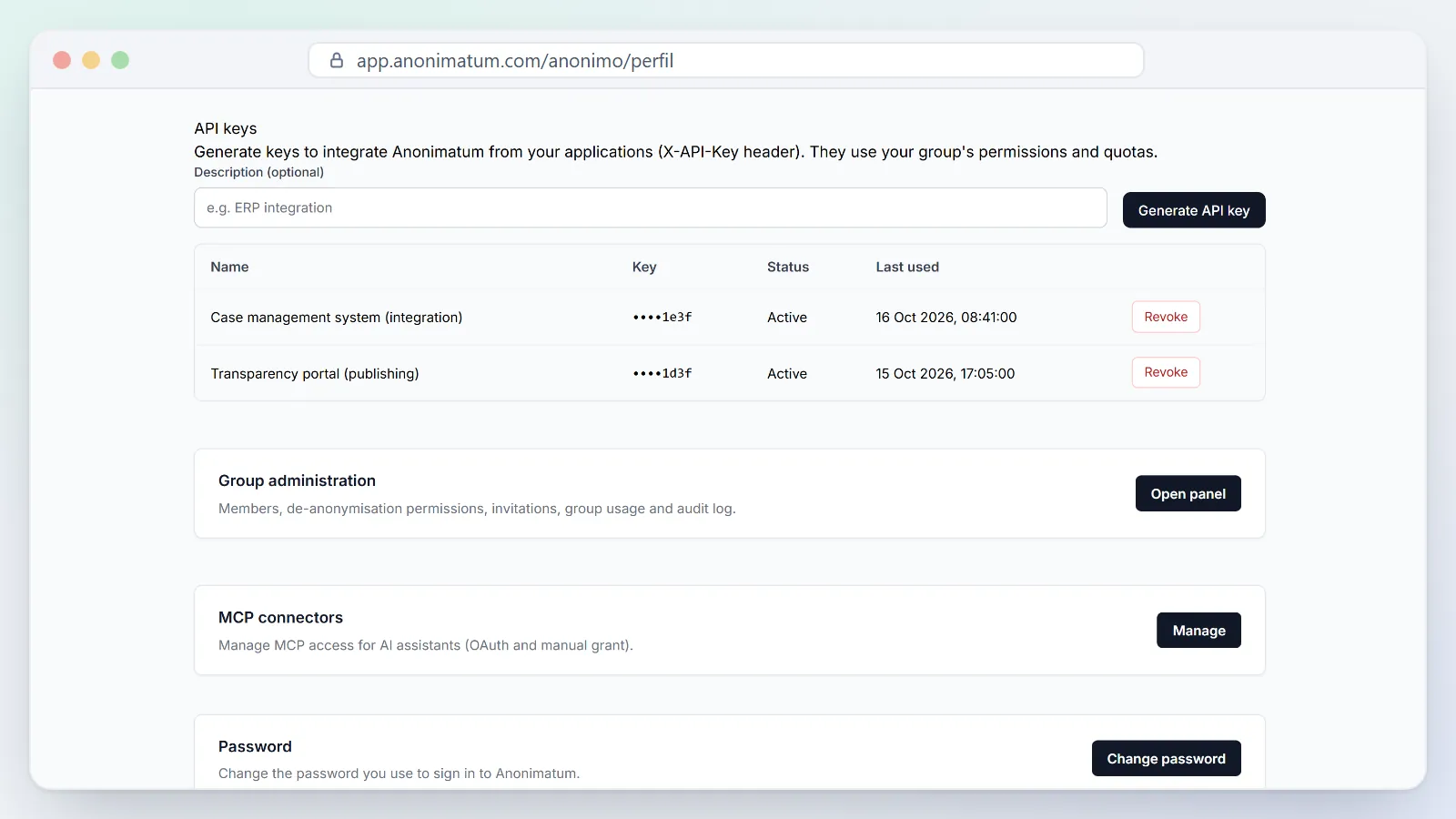 Profil › Clés API : clés du groupe pour intégrer Anonimatum avec l'en-tête X-API-Key, avec leur état et leur dernière utilisation.