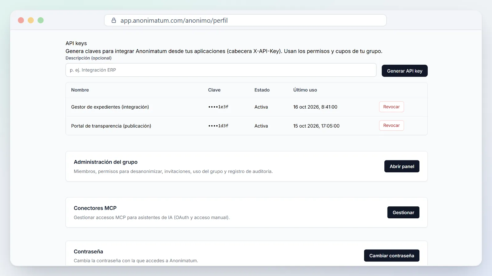 Perfil › API keys: claves del grupo para integrar Anonimatum con la cabecera X-API-Key, con su estado y último uso.
