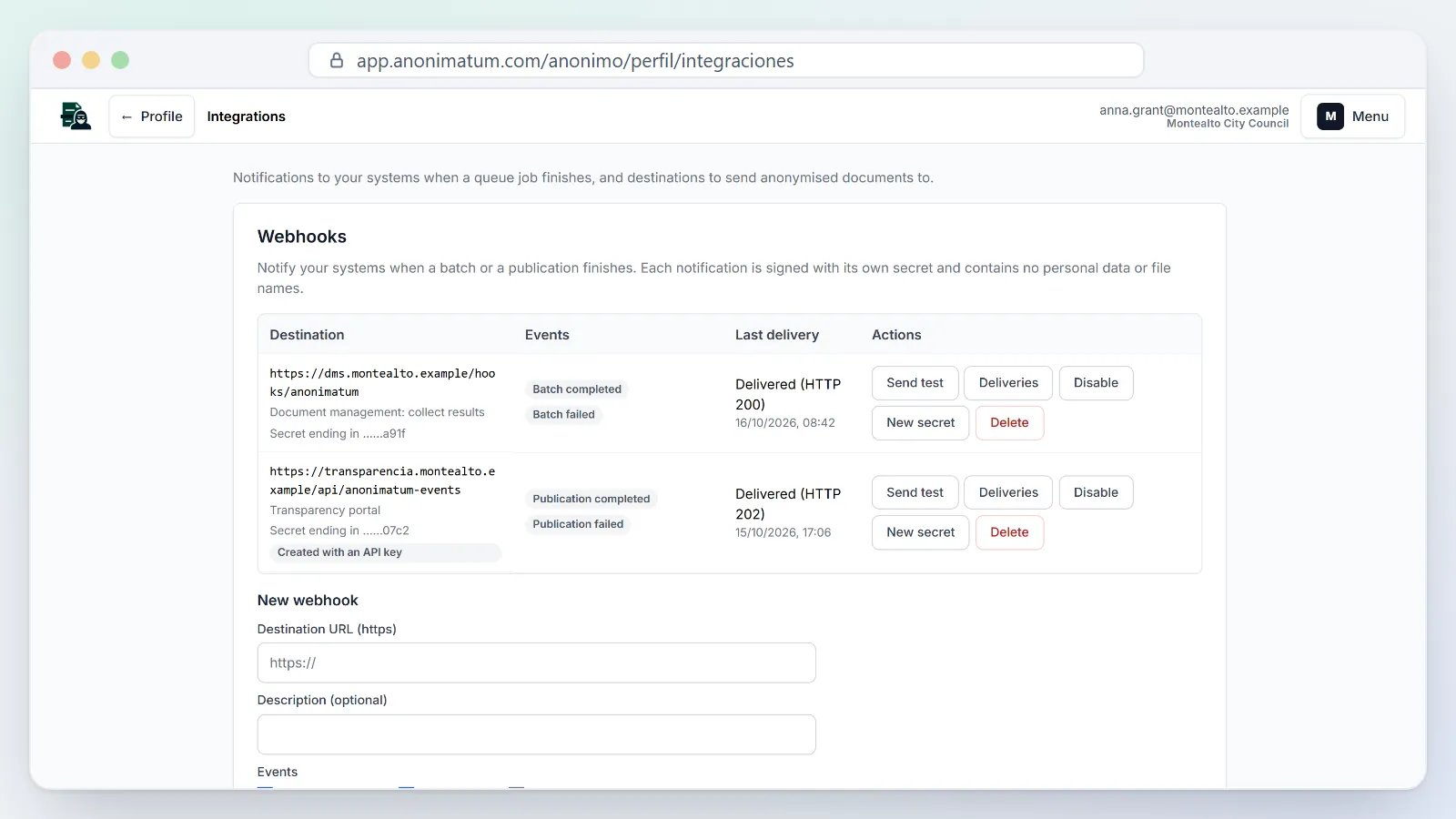 Intégrations : webhooks signés qui avertissent vos systèmes quand un lot ou une publication se termine.