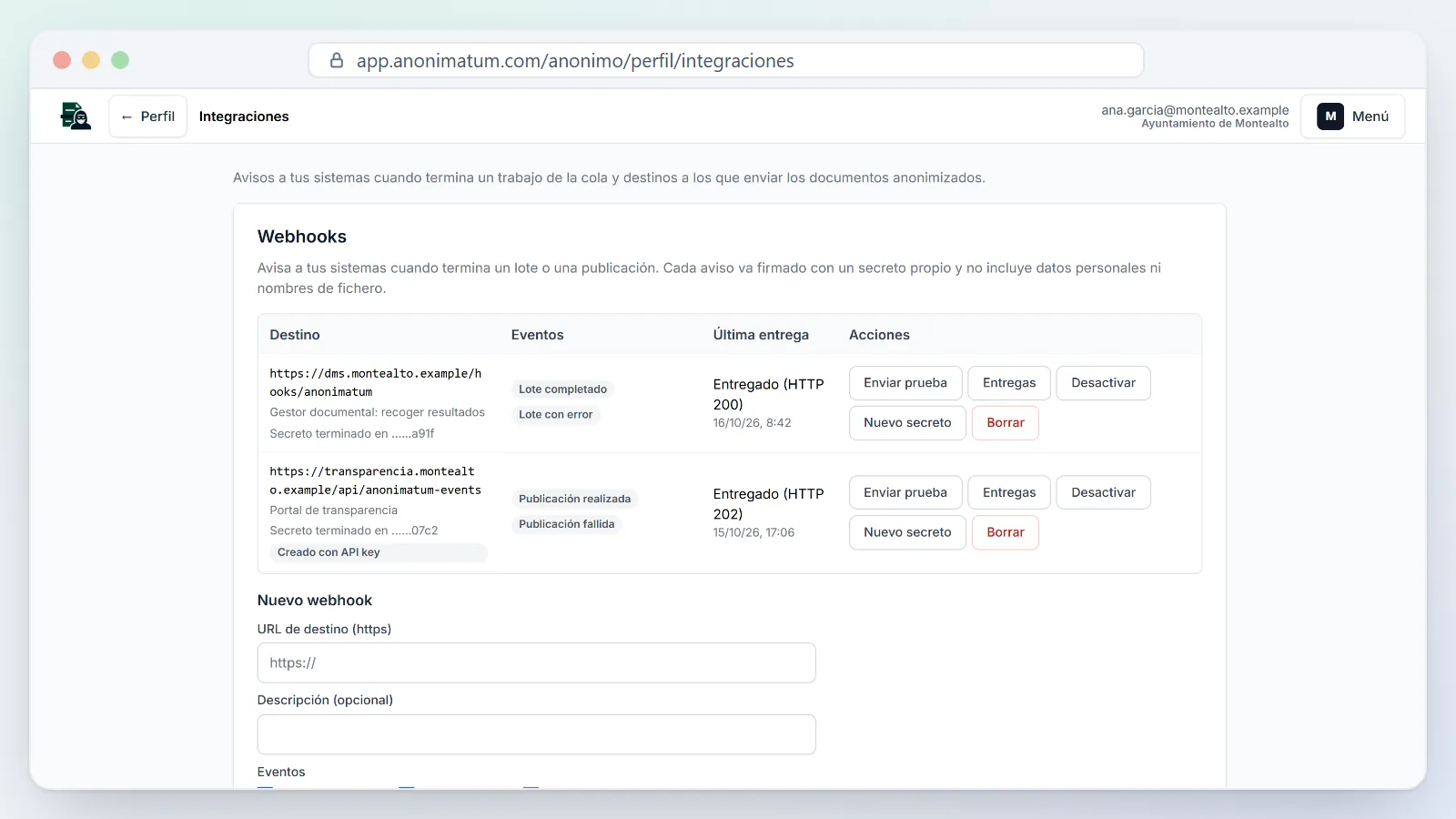 Integraciones: webhooks firmados que avisan a tus sistemas cuando termina un lote o una publicación.