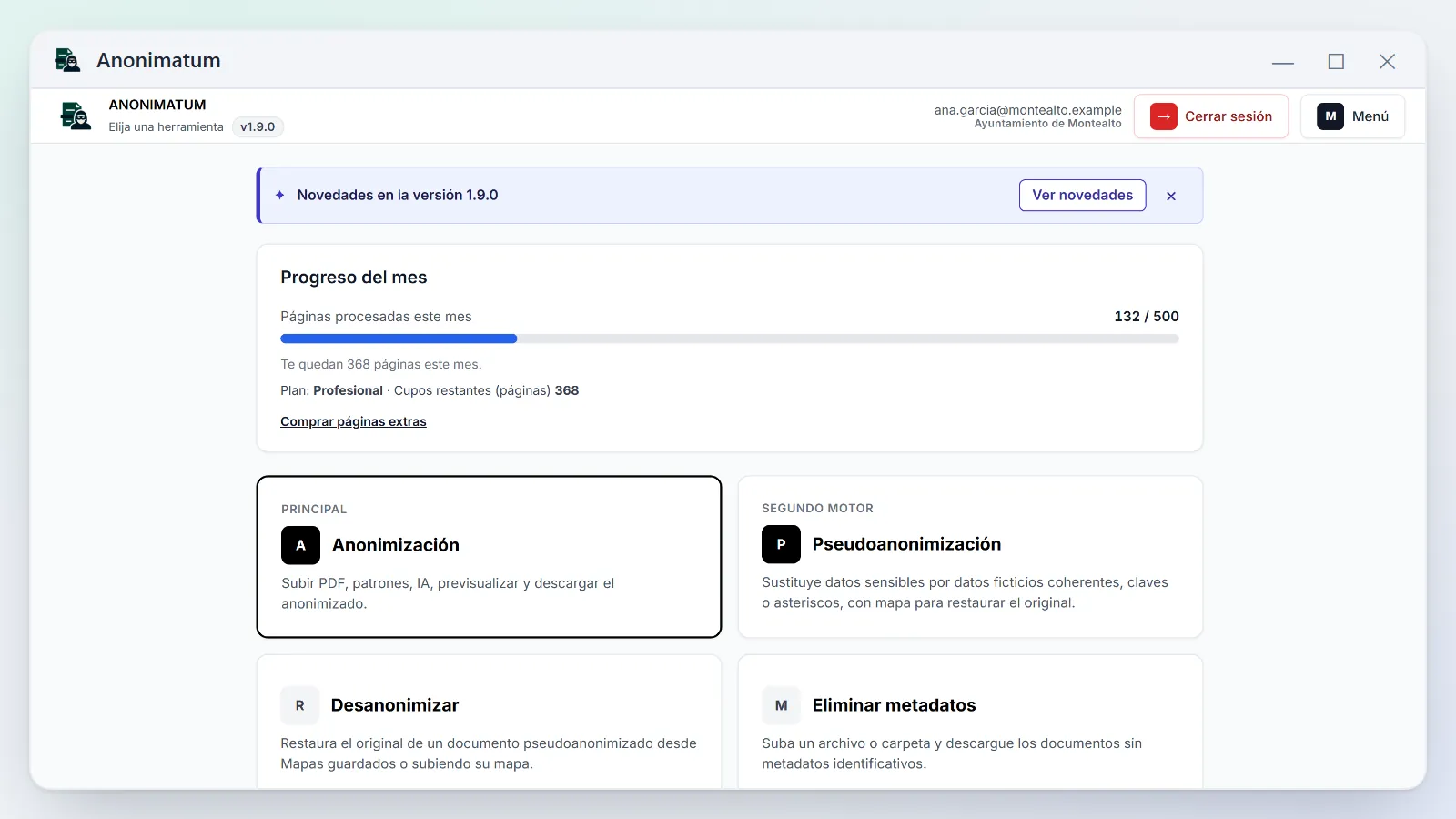 Pantalla de inicio de la aplicación: progreso mensual de páginas y acceso a anonimizar, pseudoanonimizar y desanonimizar.