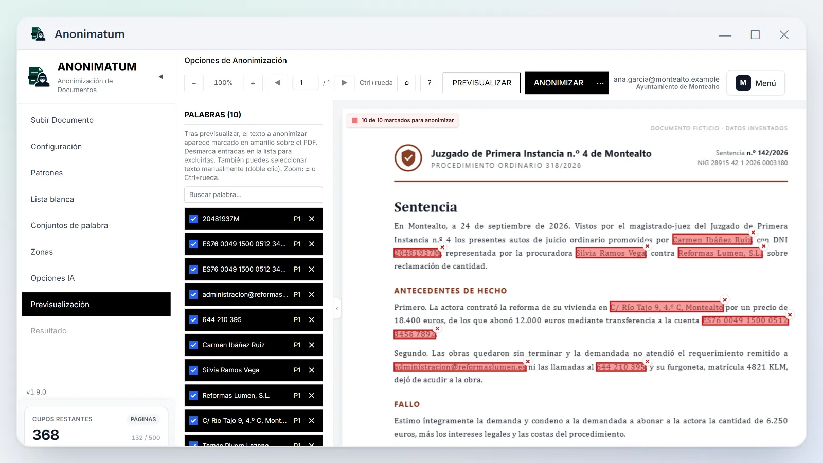 Aplicación de escritorio Anonimatum con el visor PDF y la vista previa de una sentencia ficticia.