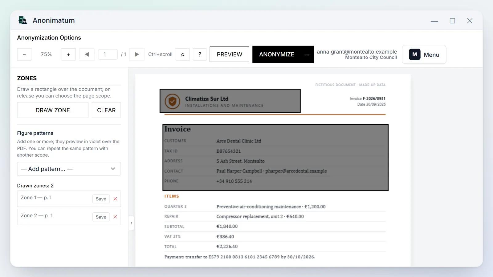 Zone disegnate su intestazione e dati del cliente di una fattura nell'applicazione desktop.