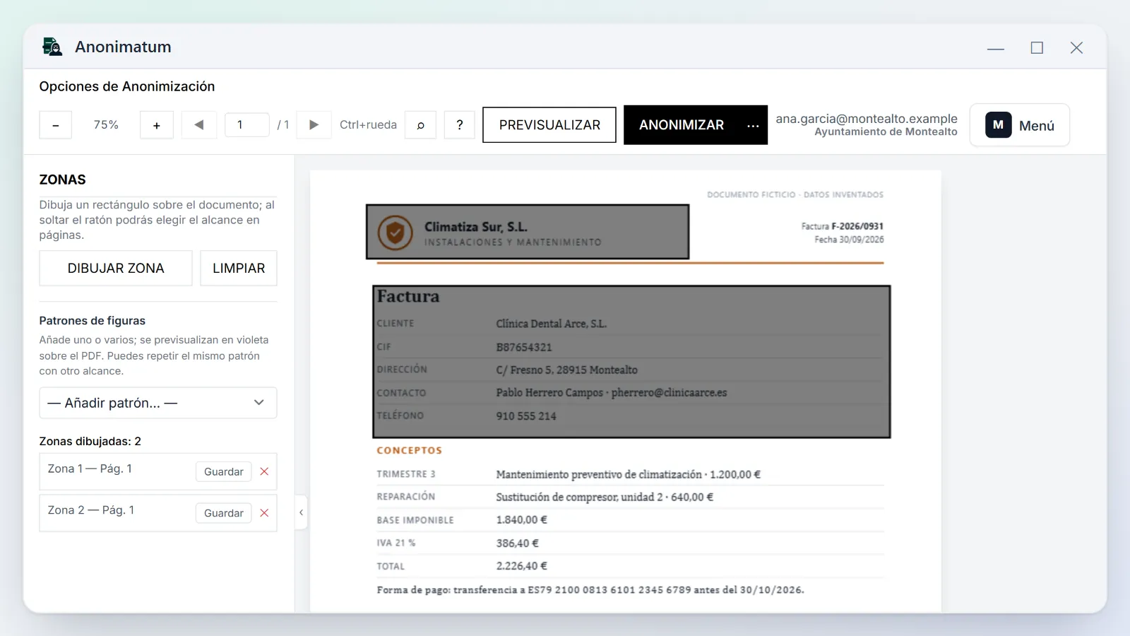 Zonas dibujadas sobre el membrete y los datos del cliente de una factura en la aplicación de escritorio.