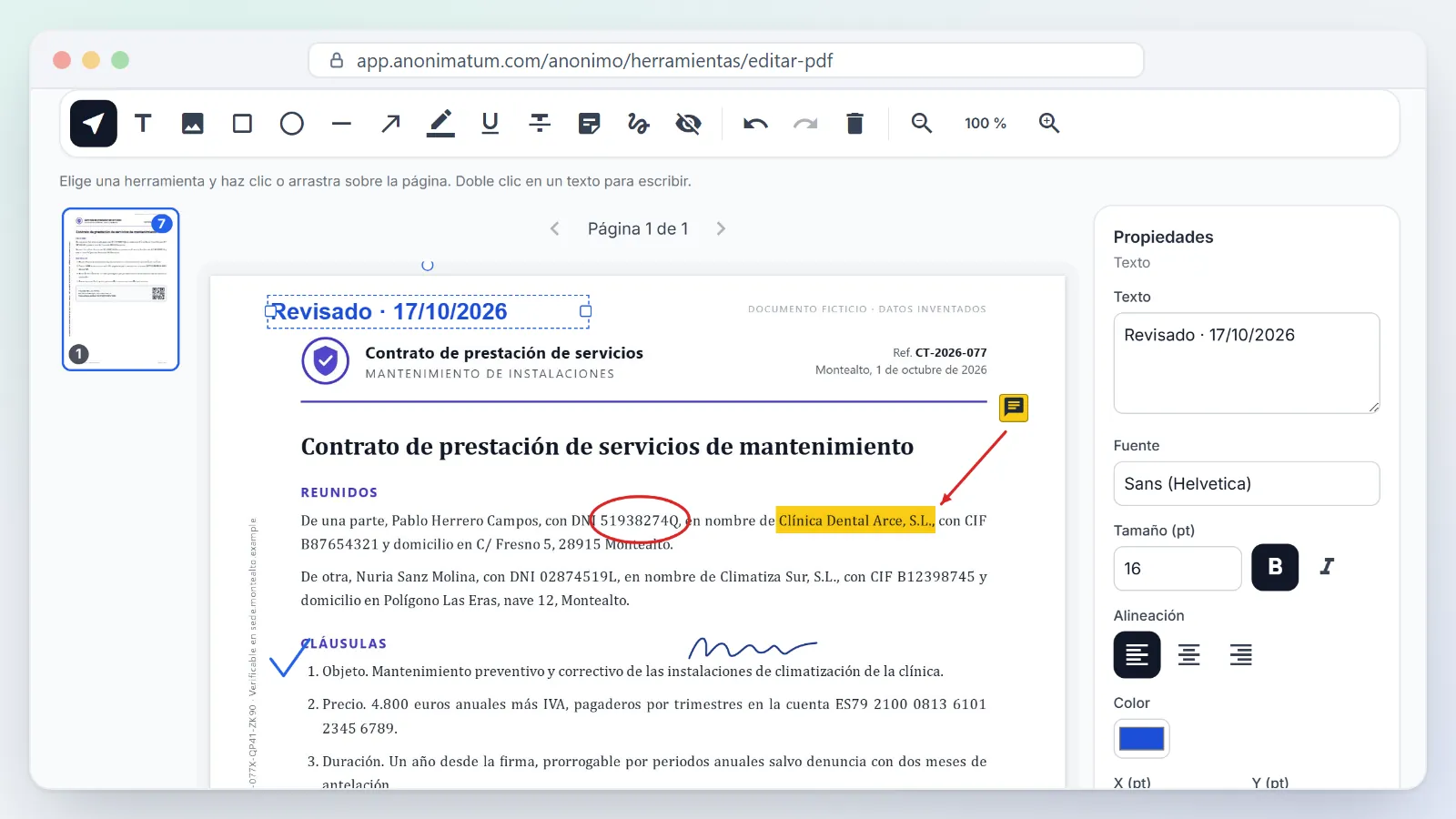 Editor de PDF con un contrato ficticio: texto de revisión añadido, un dato resaltado, una elipse, una flecha, una nota, una firma y un trazo a mano alzada.