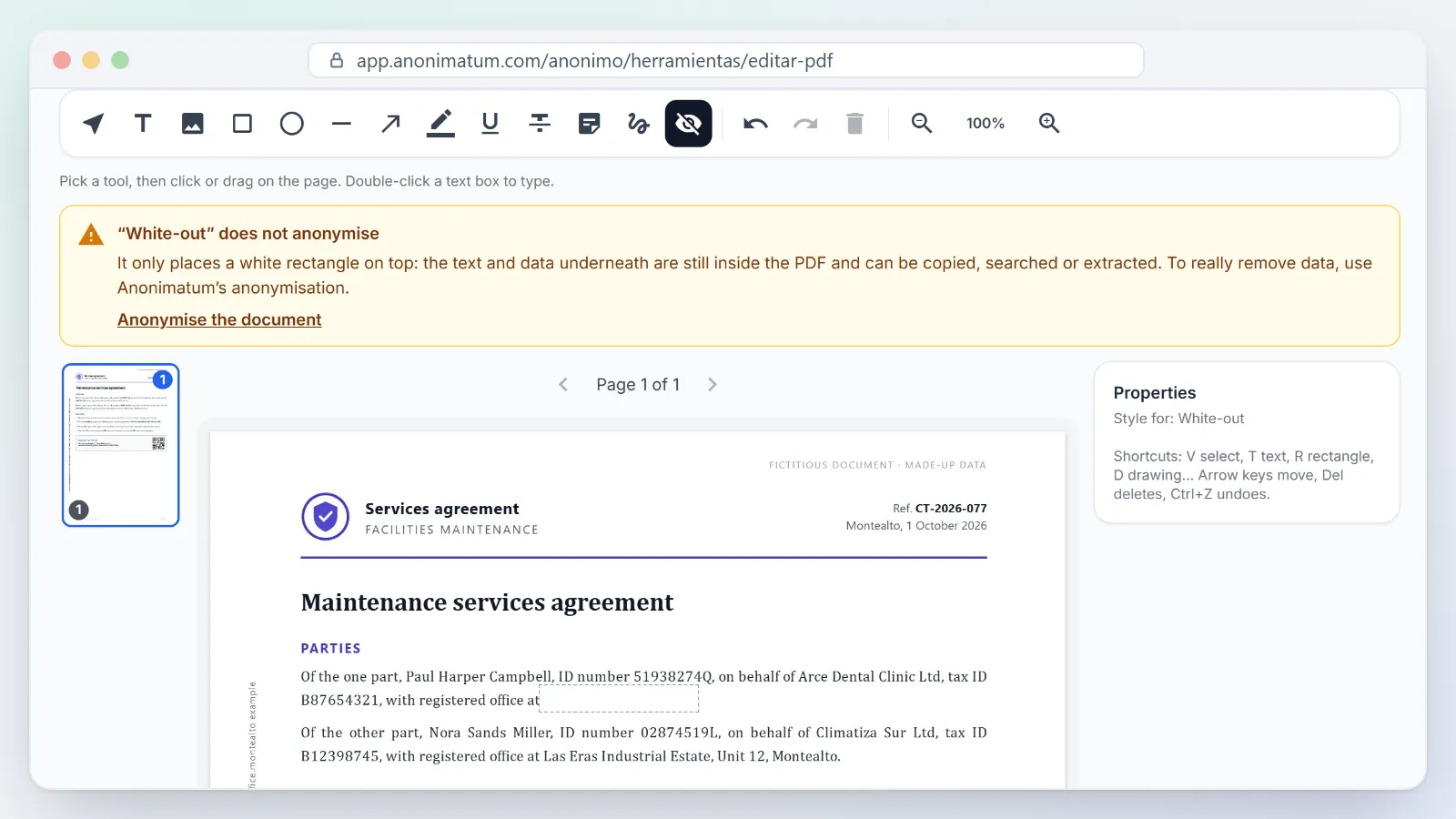 Outil « Masquer en blanc » et son avertissement : il masque seulement à l'écran, le texte reste dans le PDF ; lien vers l'anonymisation.