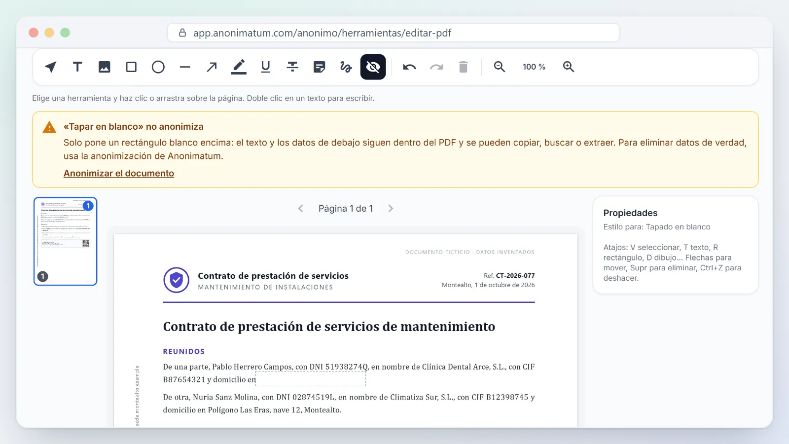 Herramienta «Tapar en blanco» con su aviso: solo tapa a la vista, el texto sigue en el PDF; enlace a la anonimización.