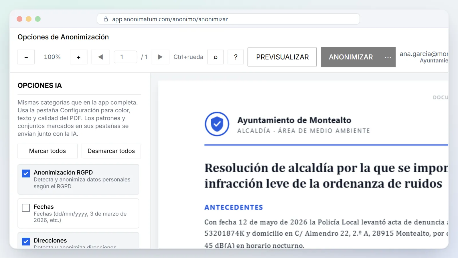 Opciones de IA local: anonimización RGPD, fechas, direcciones, importes, códigos QR e imágenes, elegidas por documento.