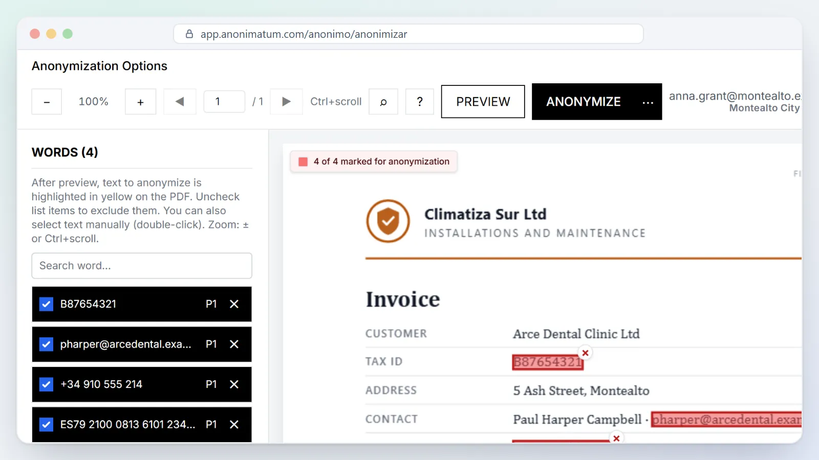 Corrispondenze dei pattern sulla fattura: codice fiscale, email, telefono e IBAN, con l'elenco per verificarle una per una.