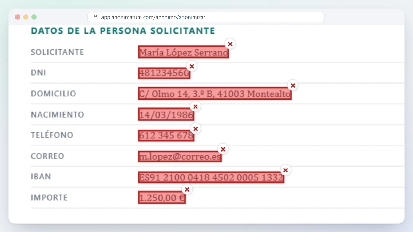 Detalle de la vista previa: nombre, DNI, domicilio, fecha de nacimiento, teléfono, correo, IBAN e importe marcados antes de censurar.