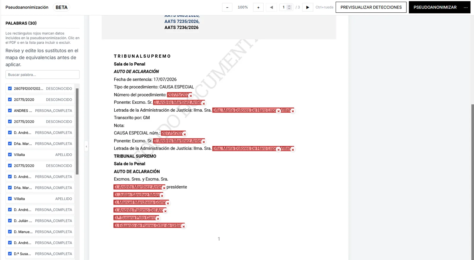 Preview of detections before pseudonymizing