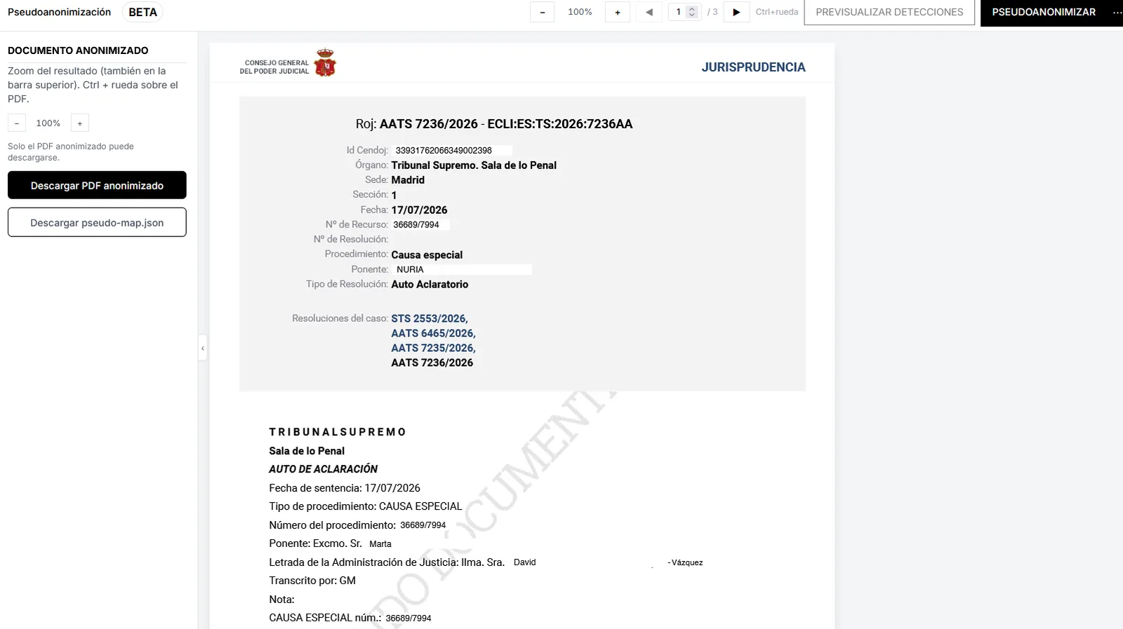 Pseudonymized document with PDF and pseudo-map.json download