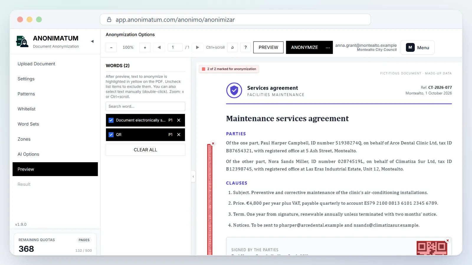 Option IA « Codes QR et signatures numériques » : cachet de signature latéral et code QR d'un contrat fictif détectés.