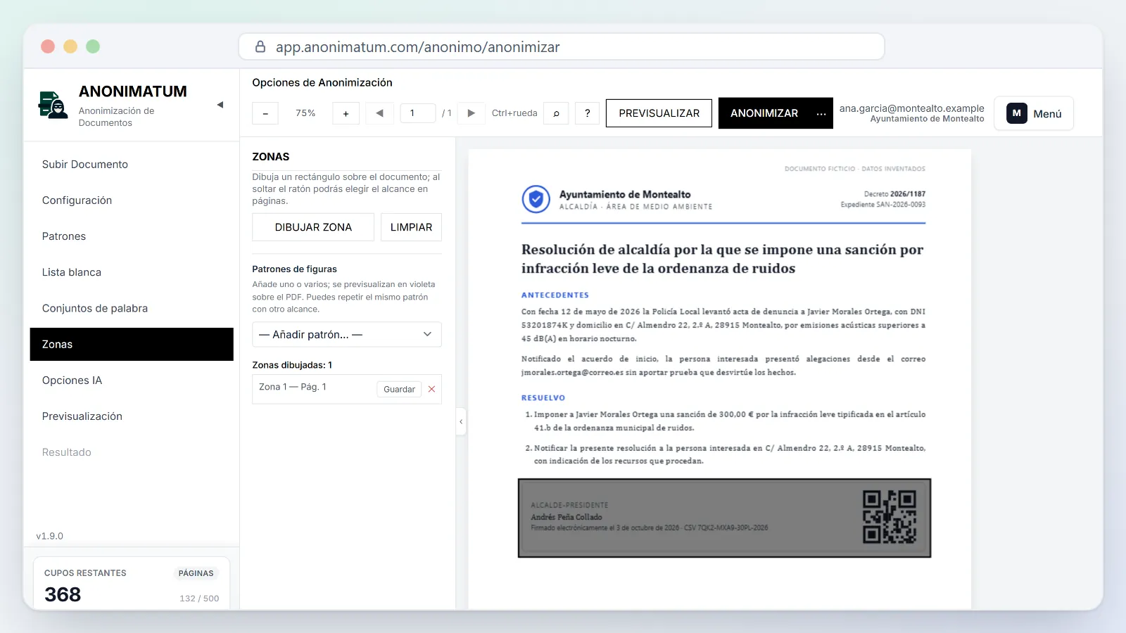Herramienta de zonas: un rectángulo dibujado sobre el bloque de firma y el código QR de una resolución municipal ficticia.