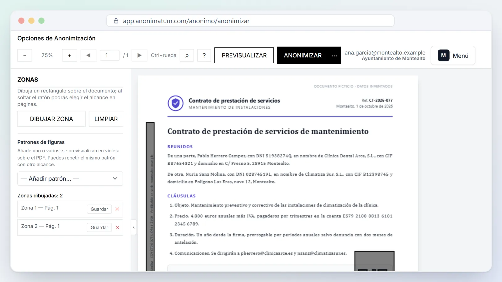 Zonas sobre el sello lateral de firma y el código QR de un contrato ficticio antes de anonimizar.