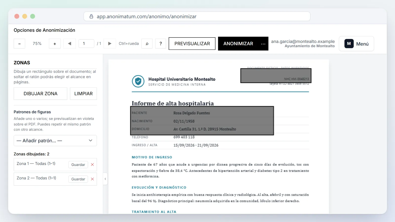 Dos zonas aplicadas a todas las páginas de un informe ficticio, con su lista y su alcance en el panel.
