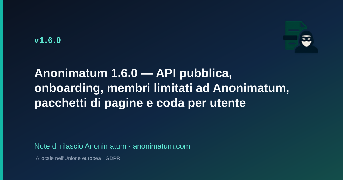 Anonimatum 1.6.0 — API pubblica, onboarding, membri e pacchetti di pagine