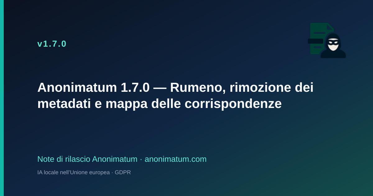 Anonimatum 1.7.0 — Rumeno, rimozione dei metadati e mappa delle corrispondenze